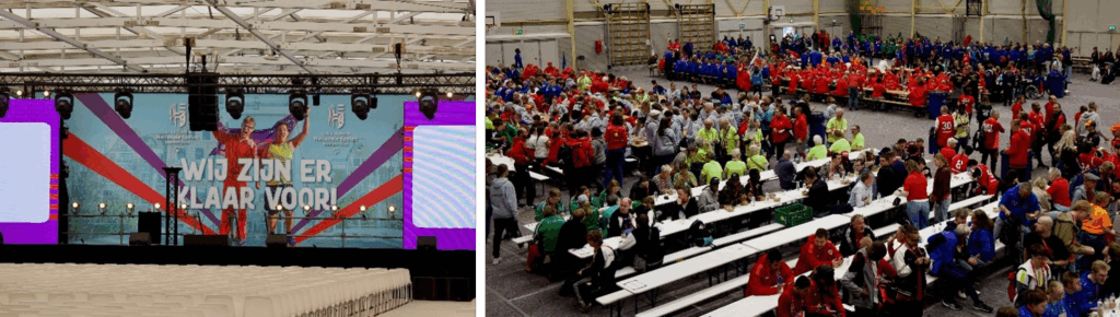 De zaal voorafgaand aan de openingsceremonie en de verzamelde deelnemende teams