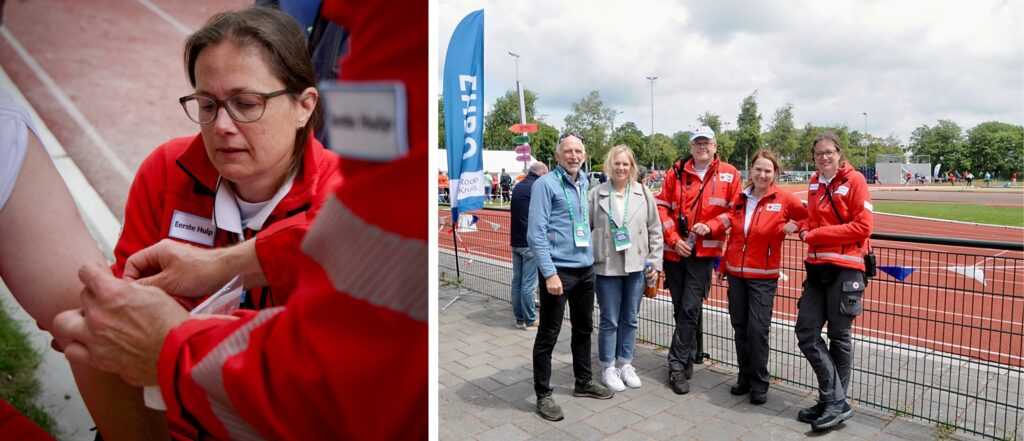 Een EHBO-vrijwilliger in actie en enkele Rode Kruis vrijwilligers met vertegenwoordigers van de organisatie