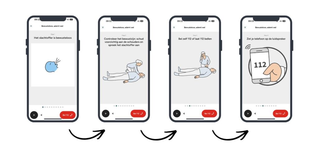 De app legt per stap uit hoe je iemand het beste kunt helpen, zoals hier bij bewusteloosheid.