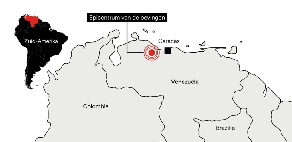 Op de kaart is het epicentrum van de aardbeving in Venezuela te zien.