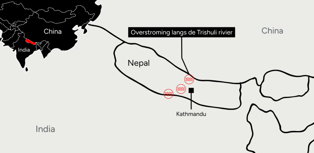 Op de kaart is te zien waar de overstroming in Nepal heeft plaatsgevonden